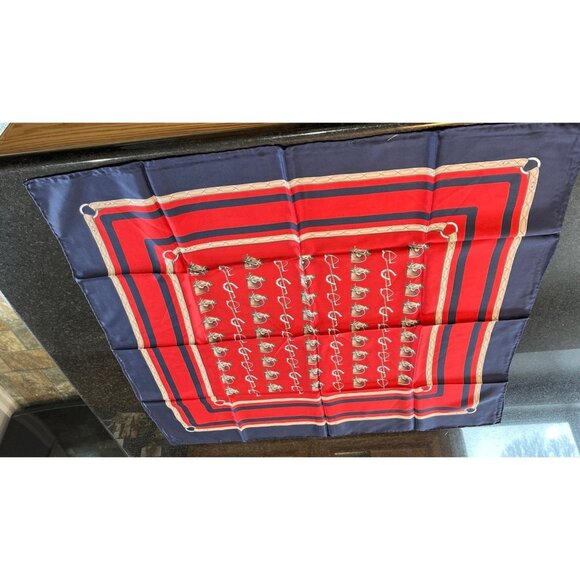 Vtg 1970's DAMON All Silk Equestrian Scarf Made In Italy Hand Rolled Red Blue - Picture 1 of 10
